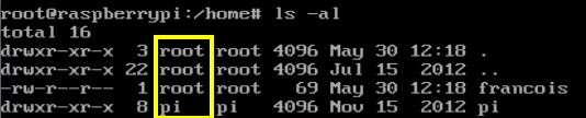 Copie d'écran Raspberri Pi - Droits Linux - File permissions