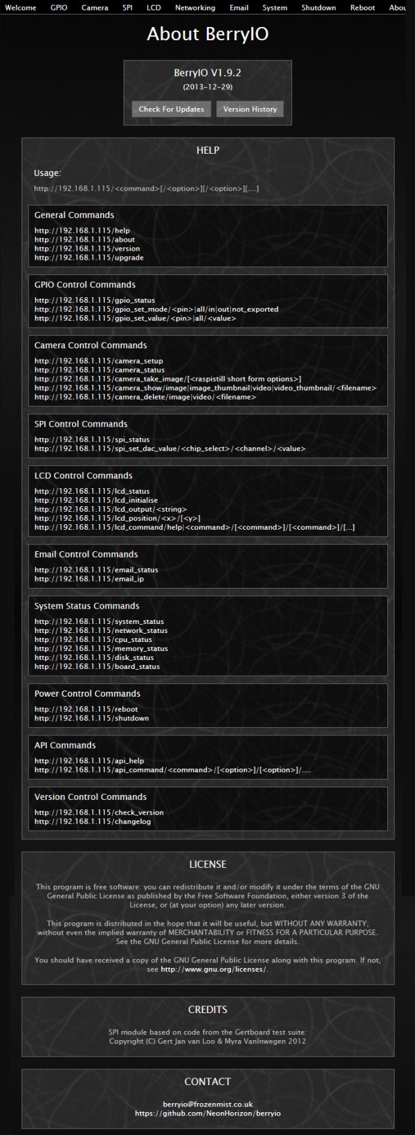 BerryIO - Liste des commandes disponibles
