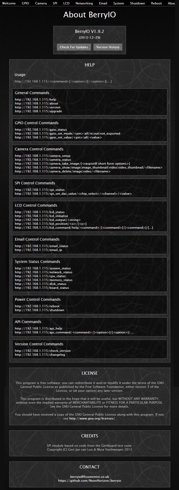 BerryIO - Liste des commandes disponibles