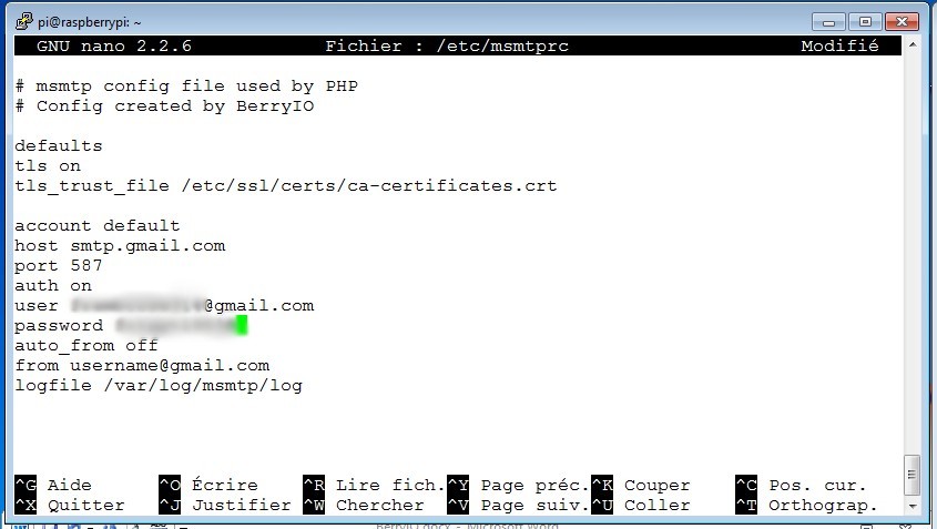 BerryIO - Configuration de msmtprc pour l'envoi des mails