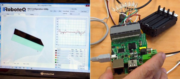 Roboteq présentait une carte industrielle pour le Raspberry Pi, équipée d'accéléromètres permettant de piloter un objet sur l'écran en bougeant l'ensemble Raspberry Pi 