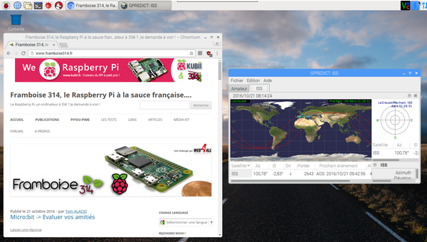 bureau de Raspbian PIXEL avec un navigateur chrome et une fenêtre Gpredict