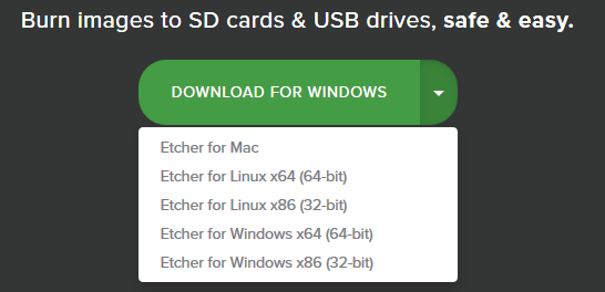 Copie d'écran du haut de la page du site Etcher : Un bouton Download sous lequel est proposé un choix de téléchargement pour Mac, Linux en 32 et 64 bits et Windows 32 et 64 bits