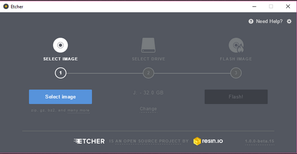 Premier écran d'Etcher. Sur la partie gauche la première étape est en surbrillance. Il y a le dessin d'un disque sous lequel on lit dans un bouton : Select Image
