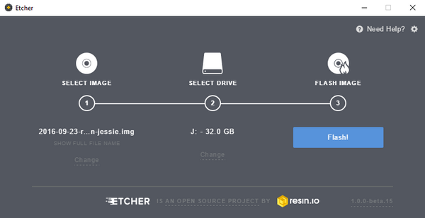 Copie de la fenêtre d'Etcher. La phase Select Drive (étape 2) a été sautée dans la mesure où il n'y a qu'une carte SD connectée au PC. C'est l'étape 3 qui est en surbrillance : Flash Image avec un bouton Bleu à cliquer pour démarrer l'opération : Flash!