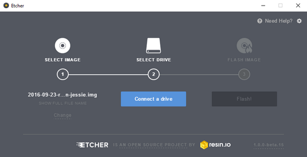 Copie d'écran de la Fenêtre d'Etcher. Ici Etcher n'a pas détecté de carte SD. Le bouton central a été remplacé par l'indication "Connect a drive" invitant l'utilisateur à insérer une carte micro SD dans le lecteur