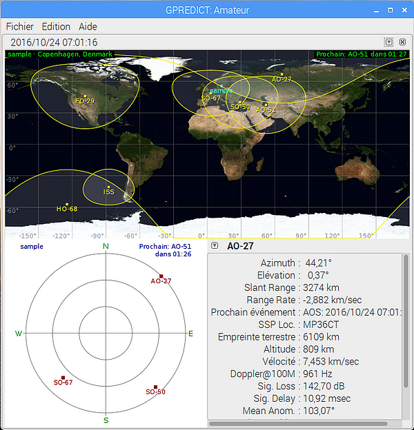 Ecran par défaut de Gpredict. On voit dans la partie haute de la fenêtre une carte du monde sur laquelle sont affichés les satellites et leur zone de visibilité. En bas un radar (c'est le ciel que voit l'observateur) sur lequel les satellites sont positionnés et en bas à droite les informations concernant AO-27