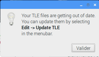 Fenêtre d'avertissement de Gpredict avertissant l'utilisateur que les fichiers TLE sont trop anciens et qu'il convient de les mettre à jour.