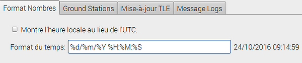 Configuration de l'heure de Gpredict. Le format choisi %d%m%Y permet d'afficher l'heure à la français : JJMMAAAA