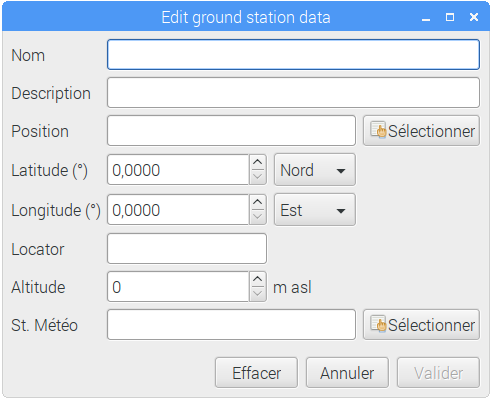 Fenêtre d'édition de la position de l'observateur. Après avoir nommé le lieu, il faudra saisir ses coordonnées latitude et longitude, altitude et station météo la plus proche à choisir dans une liste.