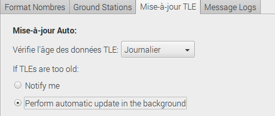 Fenêtre de configuration de mise à jour des paramètres TLE