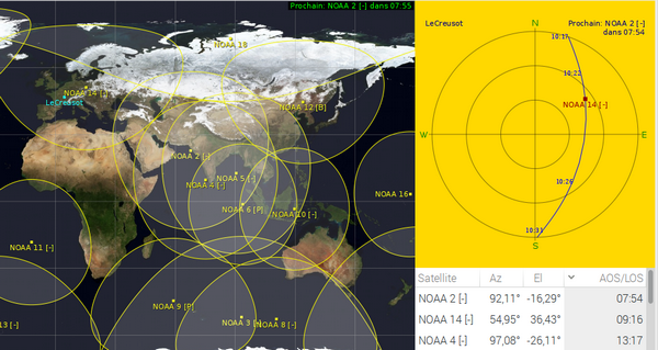 Exemple de vue poliare avec les satellites NOAA. Un passage de satellite est affiché dans la vue polaire