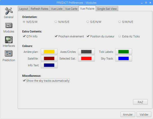 Configuration de la Vue polaire. On peut choisir les couleurs des différents éléments et faire afficher le passage du satellite dans le ciel.