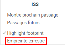 Menu ouvert si on clique avec le bouton droit de la souris sur le carré représentant l'ISS àl'écran.