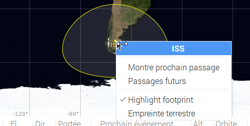 Menu ouvert lorsqu'on clique sur le point représentant l'ISS.