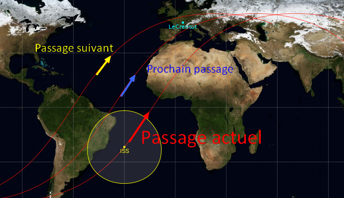 Carte montrant 3 passages de l'ISS, l'actuel et les deux prochains.