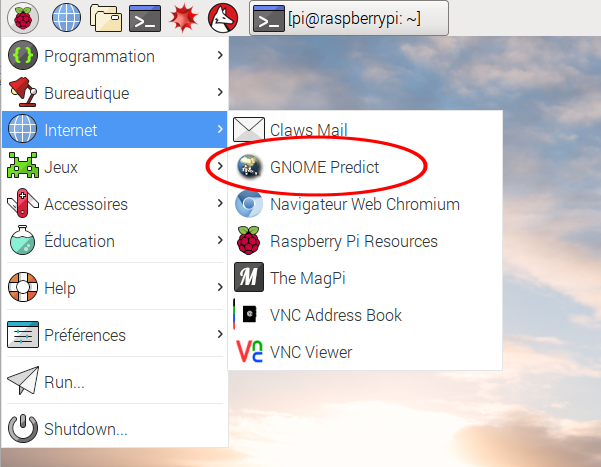 Menu de Raspbian Jessie - Catégorie Internet - Gnome Predict