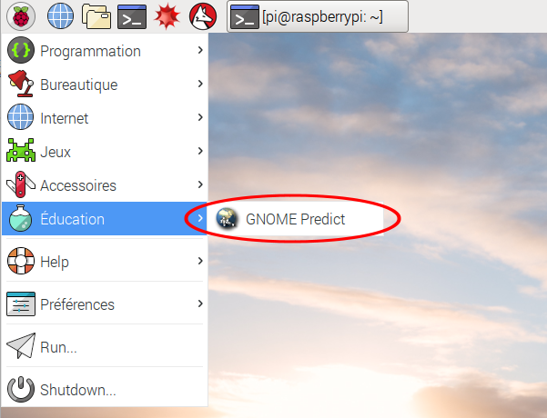 Menu de Raspbian Jessie - Catégorie Education - Gnome Predict