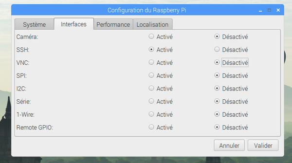 Fenêtre de configuration du Raspberry Pi montrant SSH activé