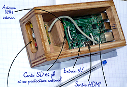 Phot d'un Raspberry Pi dans un boîtier en contreplaqué de fabrication locale