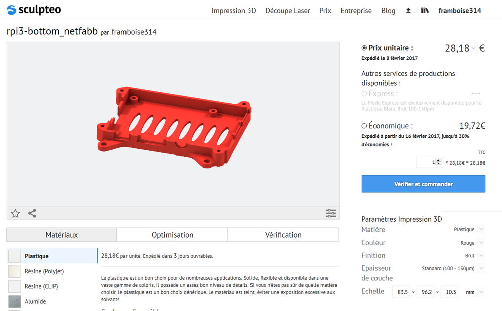 Tarifs Sculpteo pour le fond du boitier seul