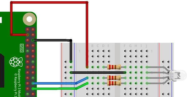 Connexion de la LED RGB cathode commune aux GPIO du Raspberry Pi - Dessin Fritzing - François MOCQ - CC BY NC SA