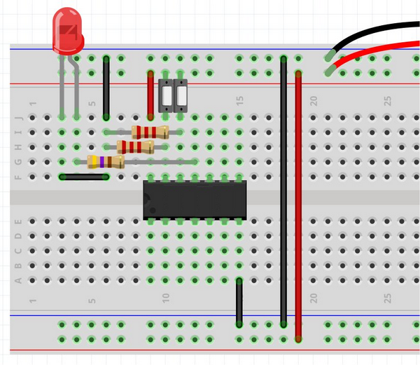 Breadboard avec composants. Image https://www.hobbyelectronics.net/breadboard_1-logic---basic-gates.html