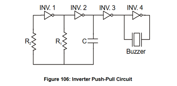 Oscillateur à portes logiques pour buzzer piézoélectrique