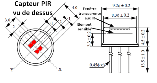 Capteur PIR 500BP vue de dessus et de côté