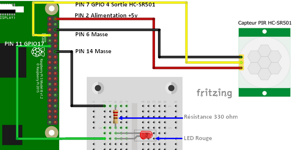 Connexion du module détecteur PIR HC-SR501 au GPIO du Raspberry Pi 