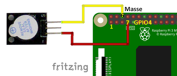 Connexion du module buzzer Keyes KY-012 au GPIO 4 du Raspberry Pi - Mise en route du buzzer avec Scratch