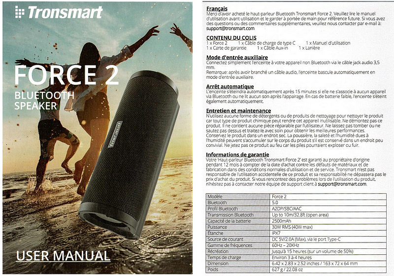 Notice d'utilisation - User Manual - Tronsmart Force 2 speaker enceinte