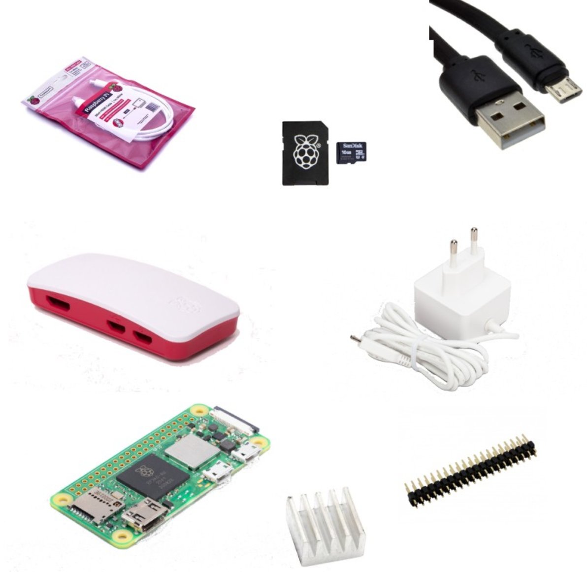 Kit de matériel Raspberry Pi Zero 2W : Alimentation, câbles, boîtier, radiateur, connecteur GPIO, Raspberry Pi Zero 2W