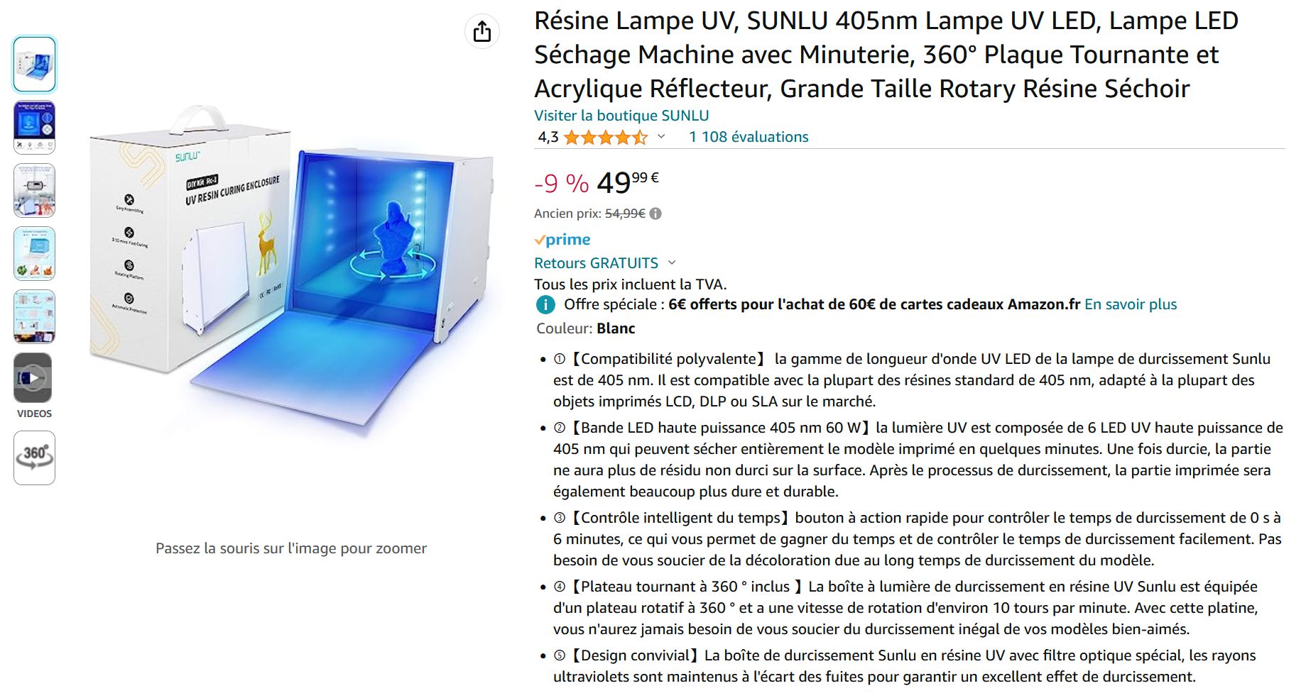 Résine Lampe UV, SUNLU 405nm Lampe UV LED, Lampe LED Séchage Machine avec  Minuterie, 360° Plaque Tournante et Acrylique Réflecteur, Grande Taille