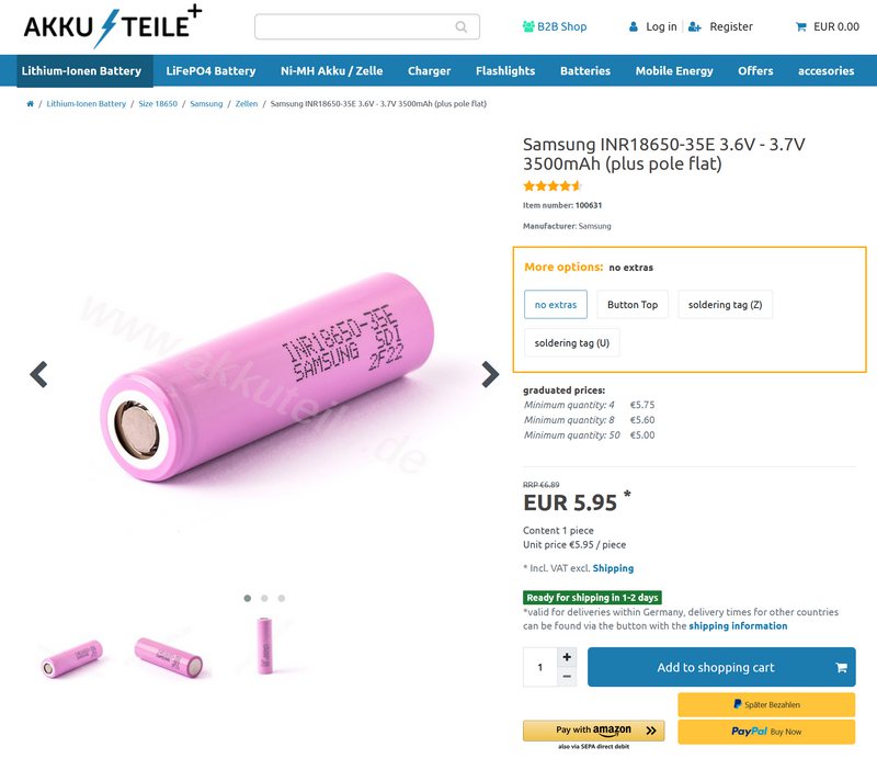 Choix de l'option avec languettes &agrave; souder sur Akkuteile