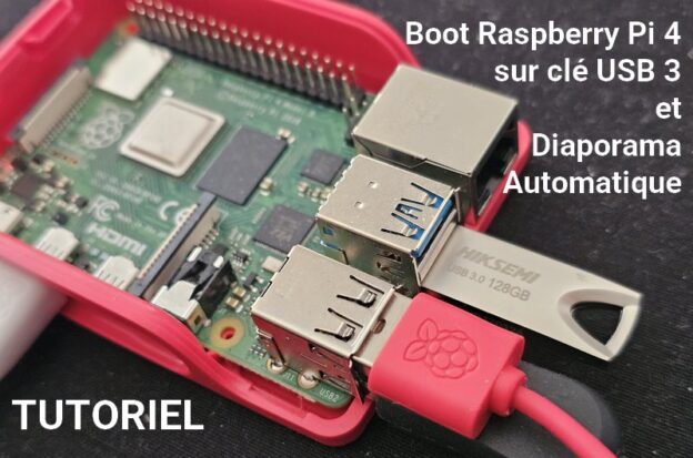 Raspberry Pi 4 branché avec une clé USB 3 pour un boot sans carte SD et diaporama automatique.